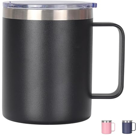 Shunshi Thermal Mug, Insulated Coffee Mug with Handle and Sliding & Straw Lid, Leakproof Reusable Double Walled Vacuum Stainless Steel Travel Camping Cafe Tumbler Cup,Dishwasher Safe (Black, 12 oz)