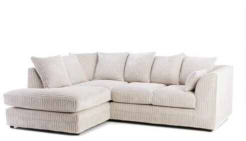 Germodify Jumbo Cord Corner Sofa, L-Shaped Sectional with Chaise, Cream (LEFT HAND)