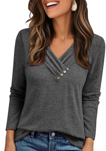 Cuptacc Tunique Femme Col V avec Bouton Unicolore Élégante Pull Chic Grandes Tailles sans Capuche Unie Lâches Manche Longue Tee Shirt Gris Anthracite M