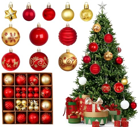 Weihnachtskugeln Kunststoff Christbaumschmuck, 44 Stücke Baumschmuck Weihnachten,Weihnachtsbaumschmuck Weihnachtsbaum Kugeln mit Schlüsselband (Rot Gold)