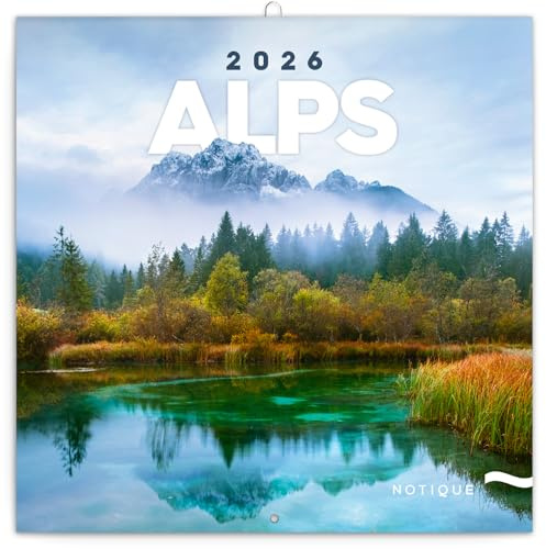 NOTIQUE Väggkalender 2026 Alperna, månadsöversikt i häfte, estetisk design 30 x 30 cm (öppen 30x60)