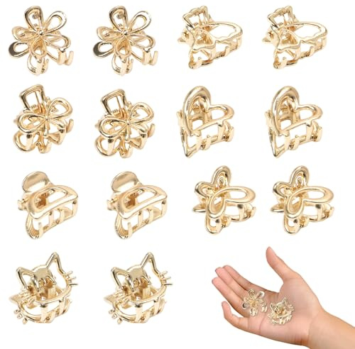 14 Stück Mini Metall Haarspangen, Rutschfeste Haarklammern Klein Gold Haarklammern Haarspangen Mittelgroße Claw Clip für Dünnes Haar Haarstyling-Zubehör für Frauen Mädchen
