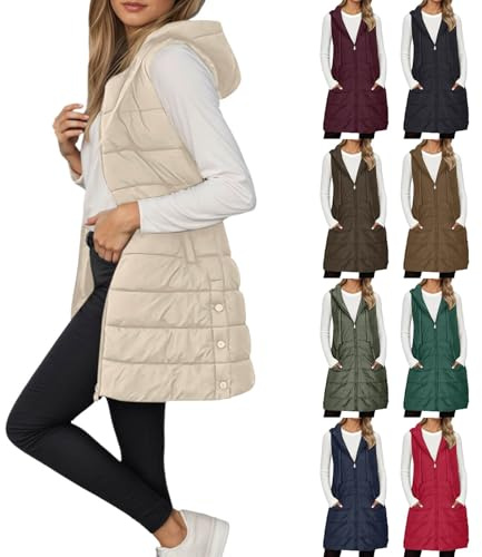 Genérico Chaleco largo para mujer, sin mangas, largo, tallas grandes, color negro y beige, chaleco de plumón, chaqueta de invierno, chaqueta de plumón, chaleco con capucha