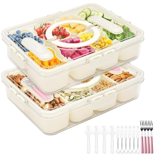 KATLKIU Set 2 Contenitori Snack con Coperchio – 12 Scomparti per Vaschetta, BPA Free & Trasparenti – Scatole Porta Snack per Frutta, Dolci, Salse, Antipasti, Picnic e Feste – con 4 Forchettine