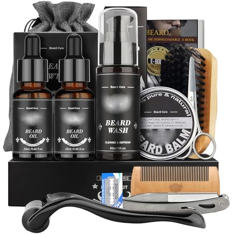 Kit Barbe Homme,Soin Barbe,Avec Shampoing Beard,Huile,Baume,Brosse,Peigne,Ciseaux,Rasoir,Lames Et Sac De Voyage,Soin Complet Pour Beard Douce,Saine Et Bien TailléE