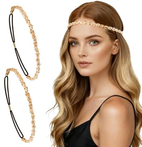 Böhmen Kristall Haarreife, 2 PCS Kristall Strass Kopfkette, Glitzer Elastisch Haarbänder, Kopfschmuck Mittelalter Damen, Haarband Damen Dünn für Hochzeiten, Partys, Geburtstage, Karneval (B)