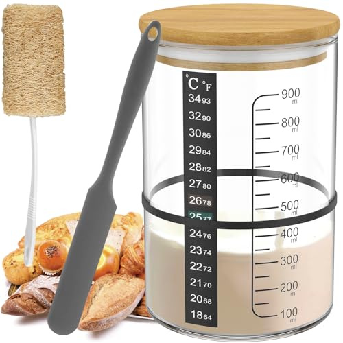 Toaboa 3 Set Sauerteig Starter Set Glas 900ml Sauerteig Glas mit Holzdeckel, Silikonspatel, Luffaschwamm, Thermometerpapier, Siegel Wiederverwendbarkeit Sourdough Starter Kit für Gärung Lagerung