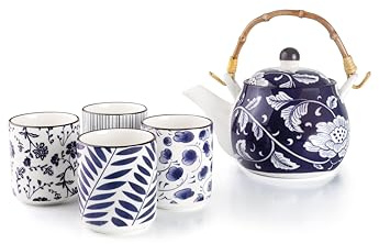 IBILI - Set de Tetera Japonesa de 460 ml y 4 Tazas Flora de 120 ml, Porcelana