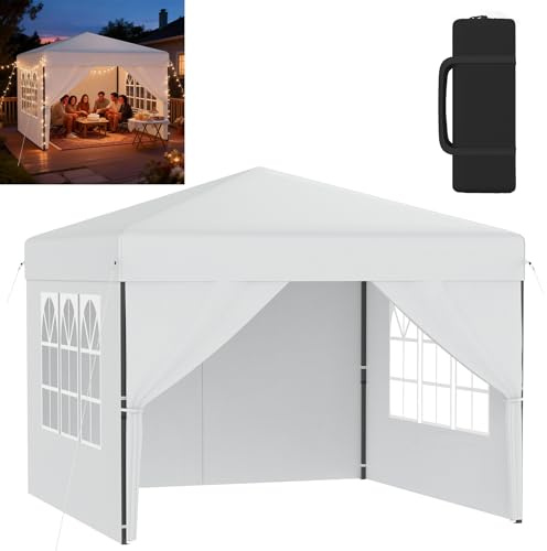 YZNAHRE Faltpavillon Pop-Up Pavillon 2,5x2,5 m, Wasserdicht & UV-Schutz, EIN-Knopf-Schnellaufbau, 3-Fach höhenverstellbar, Weiß (mit Seitenwände)
