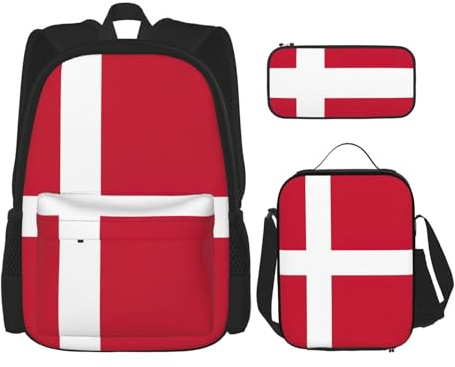 YIJIAYUN 3 st skolväsentligheter danska flaggtryck set för studenter: skolväska + pennfodral + lunchväska kombination