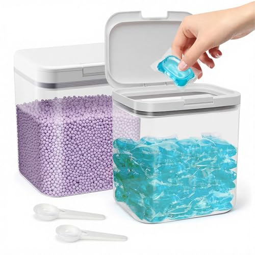 LORESJOY 2PCS Contenedor Detergente 2.0L, Dispenser Lavandería Hermético | Plástico PET resistente, Tapa estanca anti-polvo, Vaso medidor incluido, Gran capacidad, Reutilizable, Uso múltiple completo