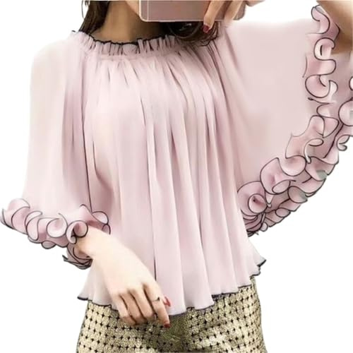 UJEDFHV volangblus för kvinnor kvinnor fladdermusärmar party blus volanger lapptäcke toppar vintage elastisk rund hals tunika casual att justera