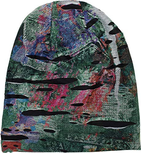 styleBREAKER Beanie Mütze im Splat Style mit Klecksen und Zeichen im Destroyed Vintage Look, Unisex 04024077, Farbe:Dunkelgrün-Blau-Rot