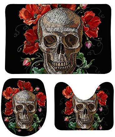 RedBeans 3-teiliges Badvorleger-Set aus Flanell, mit Totenkopf-Motiv, Blumen, Gothic, Mittelalterlicher, weicher WC-Vorleger