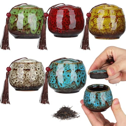 5Pcs Mini Tea Storage Containers Vintage Chinese Style Tea Leaves Sealing Can Portable Ceramic Tea for Coffee Candy Chocolate Sugar Spices (random color)