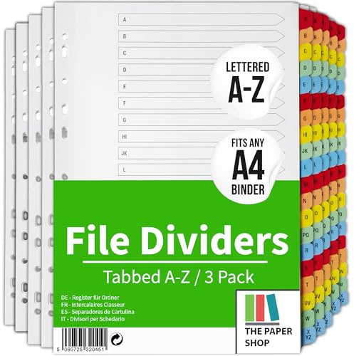 [3 Pack] A4 File Dividers A-Z Tabs | A4 Alphabetical Subject Dividers A-Z with Multipunched Reinforced Colour Tabs 150gsm