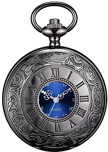 BOSHIYA Vintage Herren Taschenuhr mit Kette Einzigartiges Blau Römischen Ziffern Zifferblatt Analog Quarz Taschenuhr für Herren Schwarz