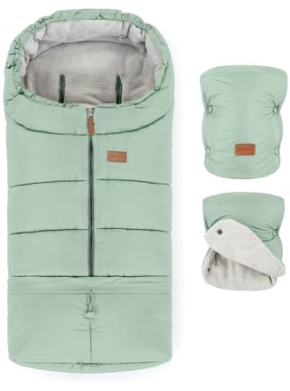 Petite&Mars Fußsack für Kinderwagen, Buggy und Autositz JIBOT * Warrm Wasserdicht Winddicht * mit vertikale Gurtschlitze * Winterfußsack mit Handwärmer * Handschuhe (Pale Eucalypt Set)