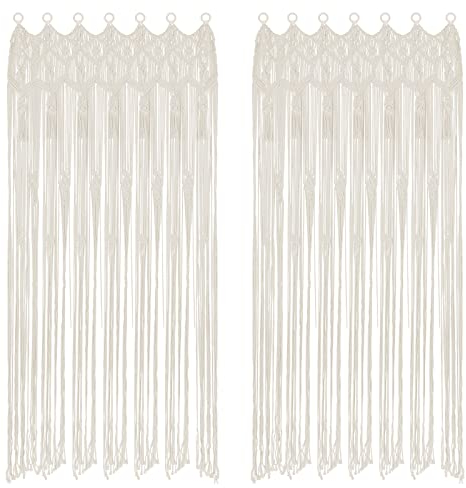 ANMINY 2xMakramee-Vorhänge, dekorativer Boho-Baumwoll-Wandbehang mit Quasten, Holzring, handgefertigt, gewebter Hintergrund, Tür, Flur, Fenster, Restaurant, Heimdekoration – 94x200.7 cm