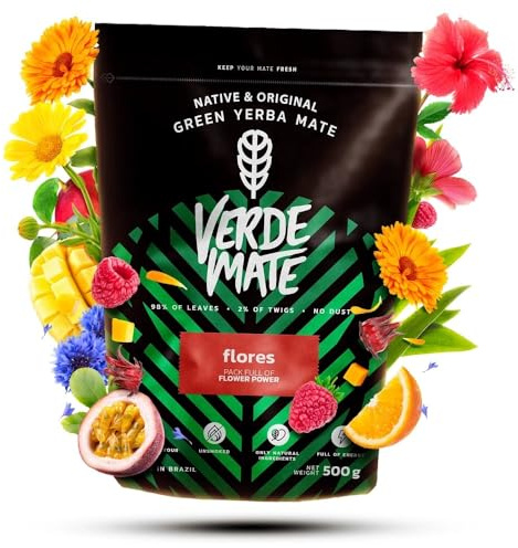 Verde Mate Green Flores 500 g | Yerba Mate con Petali di Fiori | Mix di Mango, Lamponi e Frutta | Infuso Aromatico Brasiliano
