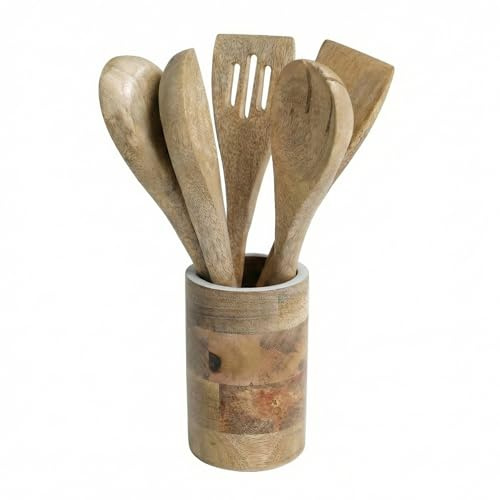 THE ART BOX Wooden Spoon Holder for Kitchen Countertop – 6 Inch Acacia Wood Utensil Holder for Spatulas, Cooking Spoons, Ladles – Farmhouse Kitchen Organizer