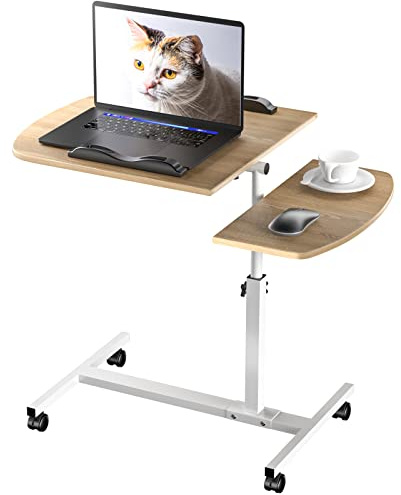 Rcynview Schreibtisch Höhenverstellbar Computertisch, Beistelltisch Winkeleinstellbarer, Laptoptisch mit Rollen Anti-Rutsch-Stopper, 360°Drehbar Laptopständer Tisch für Wohnzimmer, Büro, Holzfarbe