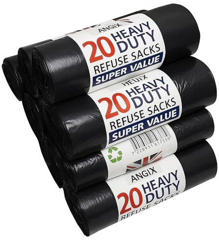 ANGIX 200 Black Bin Liners Heavy Duty Refuse Sacks Bin Bag Rolls 50L Strong Thick Rubbish Bags for Kitchen, Office, Restaurant, Outdoor Waste & Everyday Use