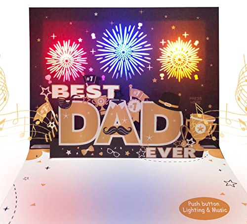 DTESL 3D Pop Up Father’s Day Card,Lights & Music,Best Dad Ever card, Fathers Day Cards,Father's Day gift Cards,Father's Day gift,Press the button to release “fireworks and cheers”