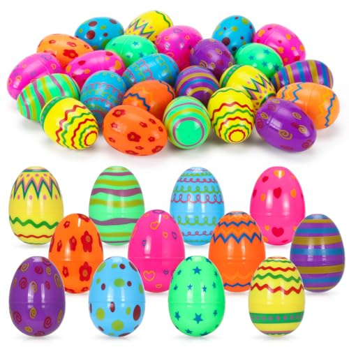 Bluelves 36 Stück 6cm Ostereier zum Befüllen, Farbig Bedruckte Ostereier, Plastik Helle Ostereier für Die Ostereiersuche, Osterkörbchenfüller, Ostern-Füllleckereien,Überraschungsgeschenk