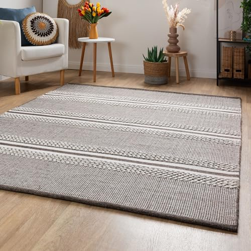 Steffensmeier Handweb Teppich Habo | Wolle (Schurwolle), Grau, handgewebt, Größe: 200x250 cm Wohnzimmer und Schlafzimmer