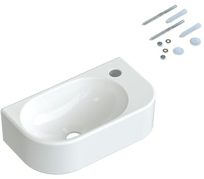 Handwaschbecken 40 cm Oval Eckig Klein Gäste WC mit Hahnloch ohne Unterschrank und Überlauf Waschbecken Wandmontage Keramik Ultradünner Rand