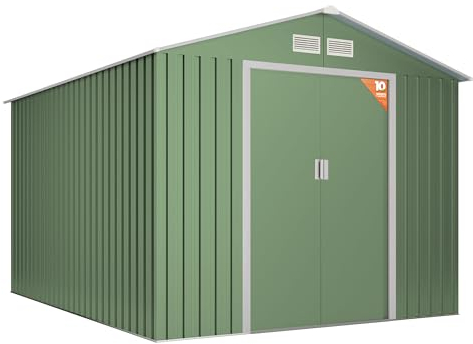 Wasabi - Caseta Jardín Exterior 8,08m2 Light Green - 258x313x202cm - Doble Puerta Corredera - Rejillas Ventilación - Techo a 2 Aguas - Cobertizo de Almacenamiento Metálico