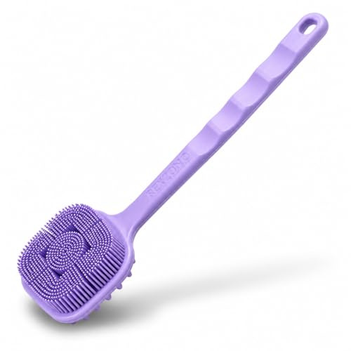 Brosse à dos en silicone pour douche, exfoliante pour le corps, brosse de bain à long manche en luffa en silicone, brosse à dos pour douche, brosse pour le corps de douche (violet)