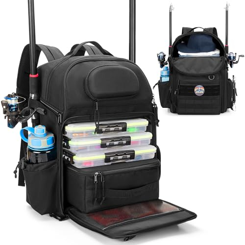 Rexmica Fishing Tackle Backpack with Cooler, Fishing Rod Bag Holds 2 Rods & Reels, Backpack with Cooling Compartment and Pockets for Tackle Boxes, Clothes or Other Gear, Poles, Bag Only