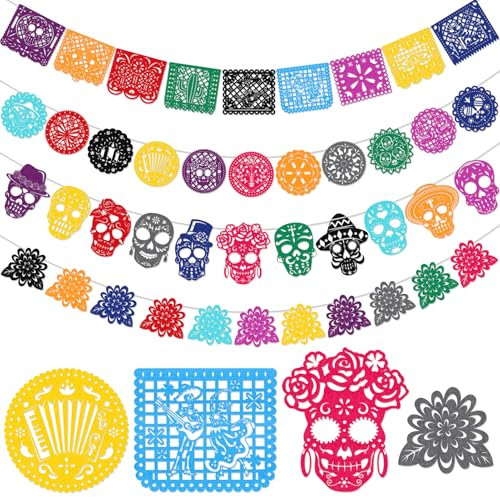 HOWAF 42 Ft Bandierine Dia De Los Muertos Decorazioni Cinco de Mayo in Feltro, Giorno Dei Morti Cranio Bandiere Fiesta Messicana Bandierine Striscione Halloween per Decorazioni Halloween, B