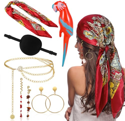 HOWAF Piratenkostüm Damen, Piraten Kopftuch, Augenklappe Pirat, Taillenkette Korsett, Haarschmuck Pirat, Ohrringe für Piraten Kostüm, Halloween Karneval Fasching Kostüm
