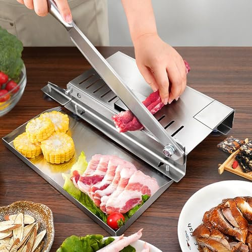 MiBoce Stainless Steel Ribs Meat Chopper, Manual Bone Meat Cutter, Vegetables & Deli Slicer, with Base Storage Tray, for Fish, Chicken, Beef, Meat, Vegetables & Deli