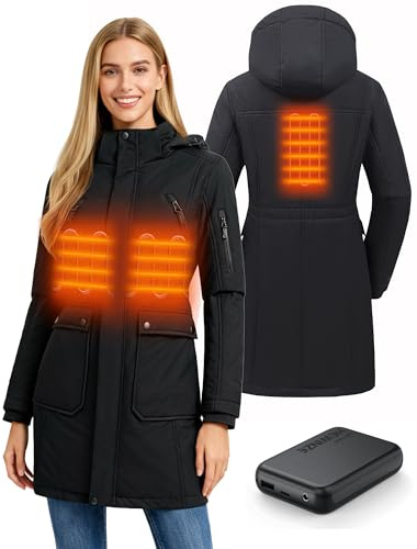 HEWINZE Damen beheizte Softshell-Langjacke, warmer Wintermantel mit elektrischer Heizung, abnehmbarer Kapuze und 7,4-V-Akku.