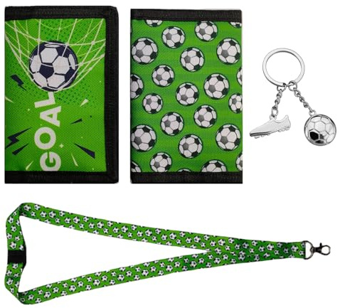 Huipalon Kids Wallet and Football Keychain Football Gifts for Boys Cartoon Waterproof Wallet with Lanyard Zippered Coin Pocket Card Holders Trifold Canvas Outdoor Sports Neck Wallets for Kids
