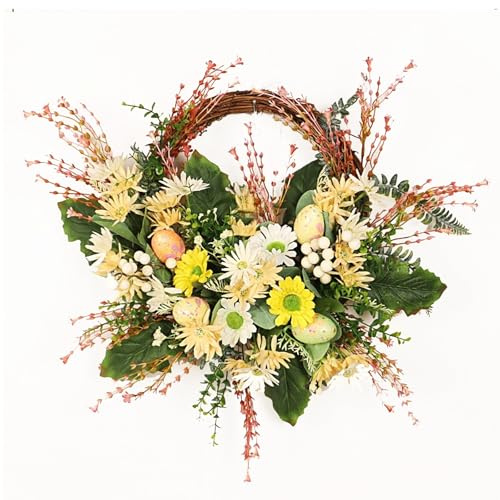 Front door easter Wreath, 20 Inch Artificial Chrysanthemum spring Wreath, Welcome Grapevine Flower Wreath Wedding Party Wall Window Decor(Yellow)