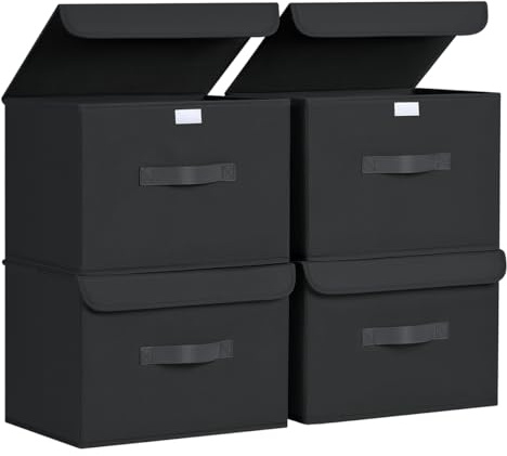 Homsorout Faltbare Aufbewahrungsboxen mit Deckel – Kleiderschrank Organizer Mülleimer mit Griff Stoffkorb Behälter für Kleidung, Buch, Regal, Büro, Groß x4-23.75L, Schwarz