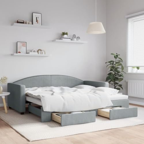 LAPOOH Tagesbett Ausziehbar mit Schubladen Hellgrau 90x190 cm Stoff, Schlafsofa, Daybed, Bettsofa, Sofa Bed, Sofabett, Schlafcouch, Jugendbett, Bettgestell, Bettcouch - 3197234