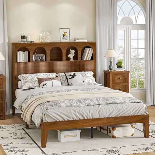 Lxsxlome Queen Bed Frame with Storage Headboard 5 Arched Storage Compartments, 12.4 Inch Farmhouse Wooden Queen Bed Frame, No Box Spring Needed, No Noise (Walnut)