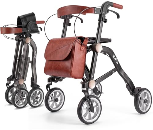 Uplivin Rollator Faltbar und Leicht mit Sit,1-Schritt Klapp ohne Bücken,Höhenverstellbar, Leicht & Rollator schmal für Wohnung und Outdoor,Gehwagen mit Bremse, All-Terrain Räder