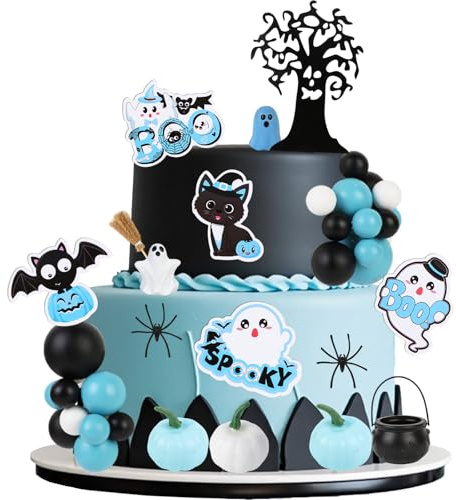 CORNER LACE Halloween Cake Toppers 47Pcs, Spooky Cake Decoration Set Cupcake Picks Figurine with Ghosts Pumpkin Spiders Balls Decor For Halloween Themed Baby Shower Wedding Party Supplies
