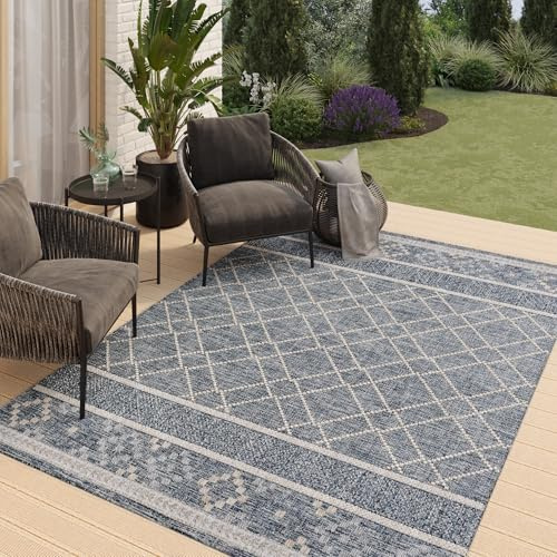 TAPISO Melissa Teppich Outdoor Blau Beige Flachgewebt Indoor Küche Flur Wohnzimmer Balkon Terrasse Modern Sisal Kurzflor ÖKO-TEX 120 x 180 cm