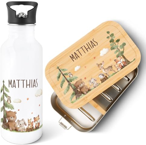 GRAVURZEILE - Bedruckte Trinkflasche & Brotdose Set - Waldfreunde - Personalisiert mit Namen - Edelstahl Trinkflasche 600 ml, Brotdose mit Deckel - Geschenk zur Einschulung für Jungen & Mädchen
