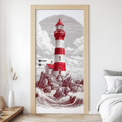 3D Leuchtturm TürPoster, Nautische Maritim Thema Türaufkleber, 77x200 cm PVC Entfernbar, Küsten Leuchtturm Wandaufkleber für Schlafzimmer Küche Wohnzimmer Badezimmer Verschönern Deko W5s06
