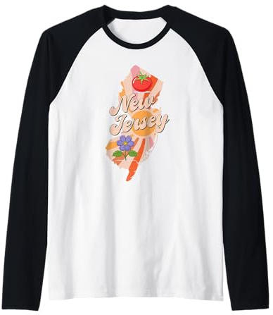 New Jersey State Map Retro Tomato Violet Symbol Raglan Baseball Tee