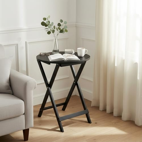 INDE MOBLEKIT | Mesa Auxiliar Plegable de Madera Negra 40x49,5 cm, Mesita Redonda Plegable Pequeña para Salón, Sofá o Cama, Mesa Auxiliar Salón, Mesas Plegables Portátiles Hogar